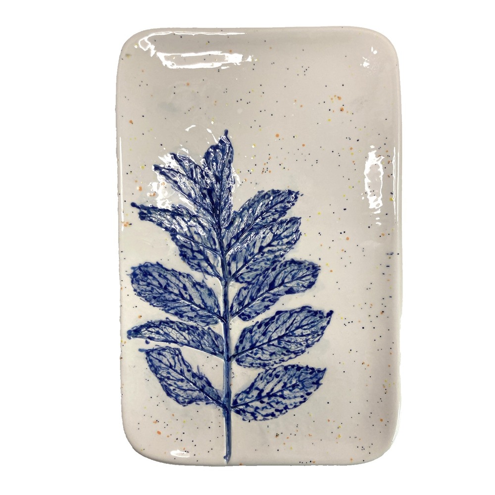 Handmade Stoneware Small Serving Plate Dish w/‎ Cobalt Leaf Design Imprint 9in